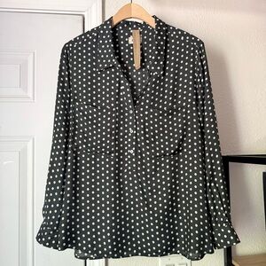 DIEGA‎ black white polka dot viscose silk long sleeve popover shirt blouse top